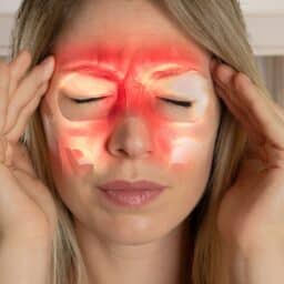 Woman with a headache grabbing her head.