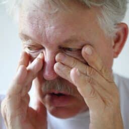 Man holding the bridge of his nose with both hands.