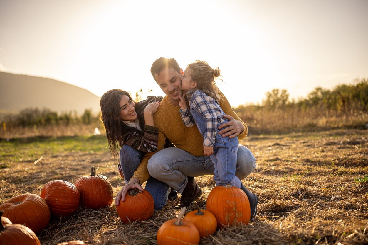 Family harvesting pumpkins in autumn field