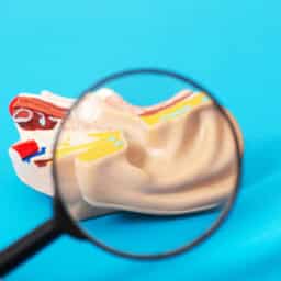 Medical ear mockup on a blue background under a magnifying glass.