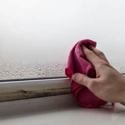 Hand cleaning condensation and mold from a window.